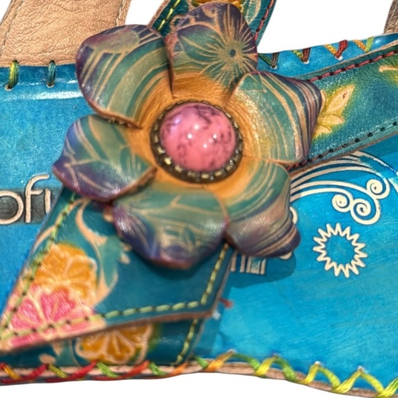 Socofy Colorful Handprinted Floral Boho Toe Ring Sandals Size 6 - Picture 4 of 12
